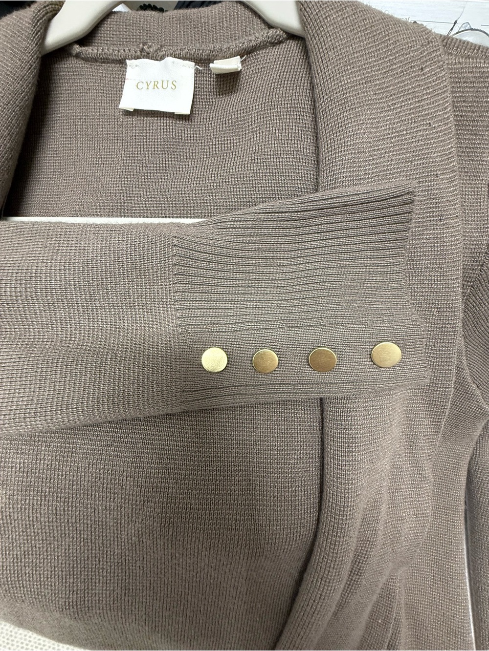 Cyrus Taupe Open-Front Longline Cardigan with Gold Cuff Buttons - Picture 4 of 4